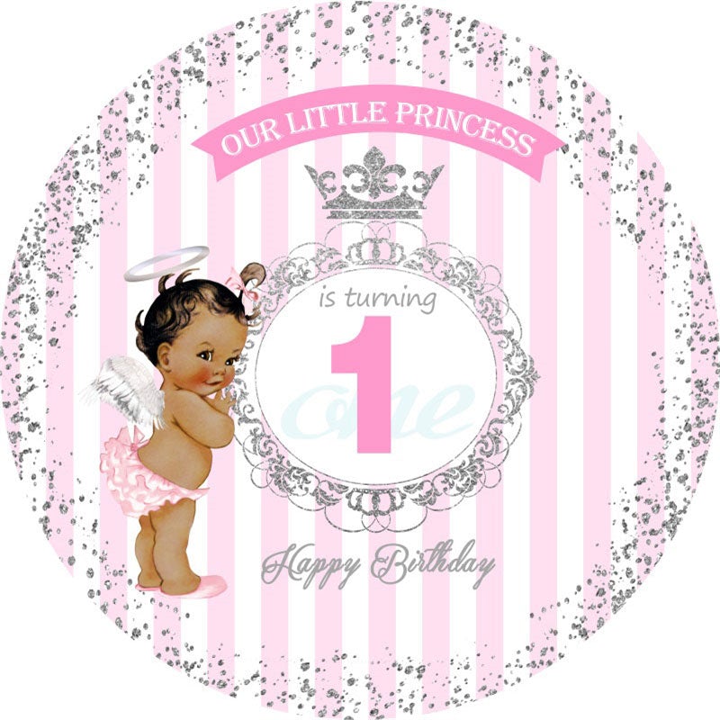 Aperturee - Pink Glitter Princess Round Happy 1St Birthday Backdrop