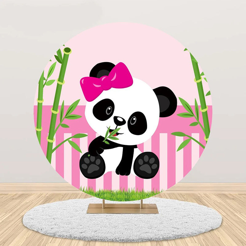 Aperturee - Pink Green Bamboo Panda Round Baby Shower Backdrop