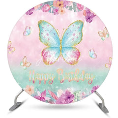 Aperturee - Pink Green Butterfly Floral Round Birthday Backdrop