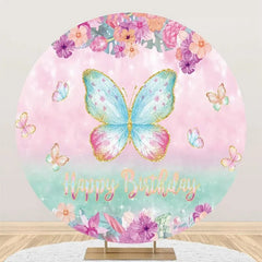 Aperturee - Pink Green Butterfly Floral Round Birthday Backdrop