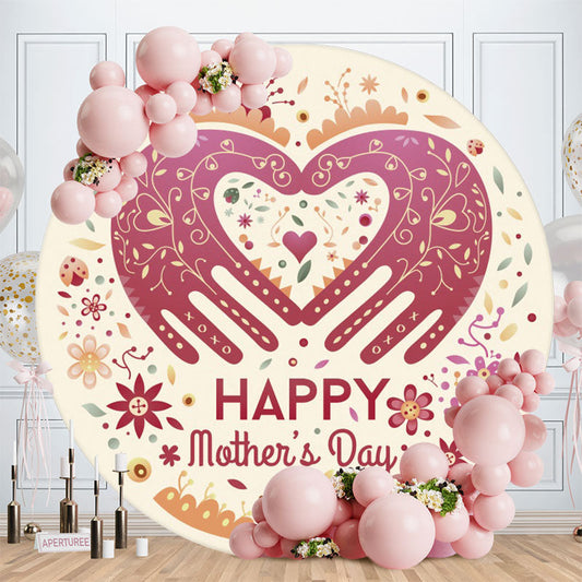 Aperturee - Pink Hand Love Round Light Yellow Happy Mother Day Backdrop