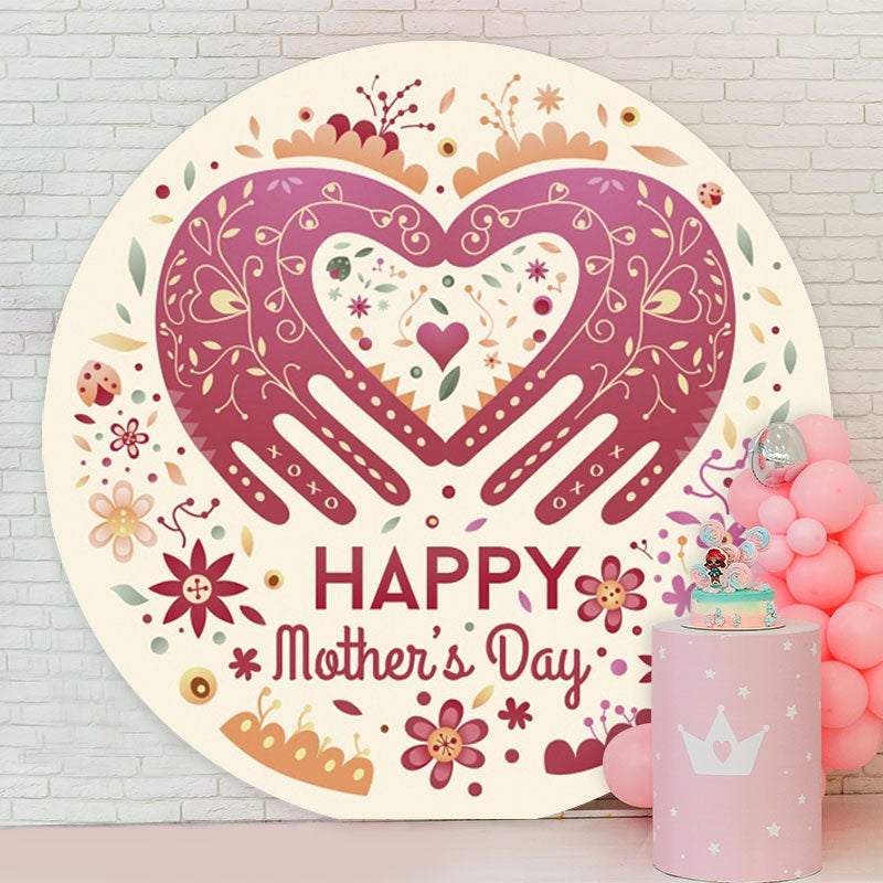 Aperturee - Pink Hand Love Round Light Yellow Happy Mother Day Backdrop