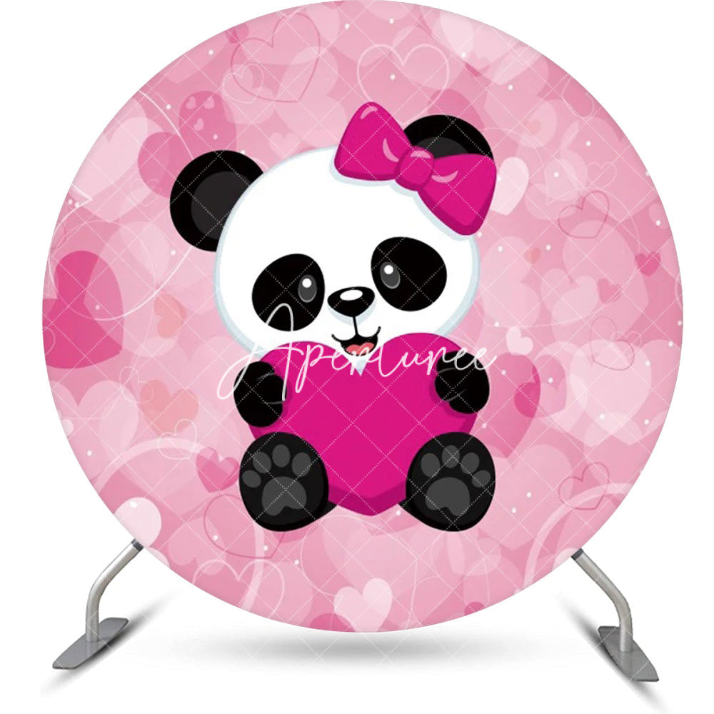 Aperturee - Pink Heart Panda Girl Round Baby Shower Backdrop