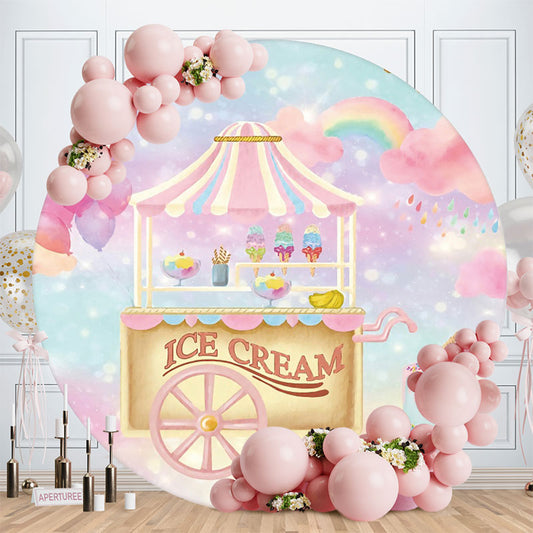 Aperturee - Pink Ice Cream Car Round Girls Birthday Backdrop