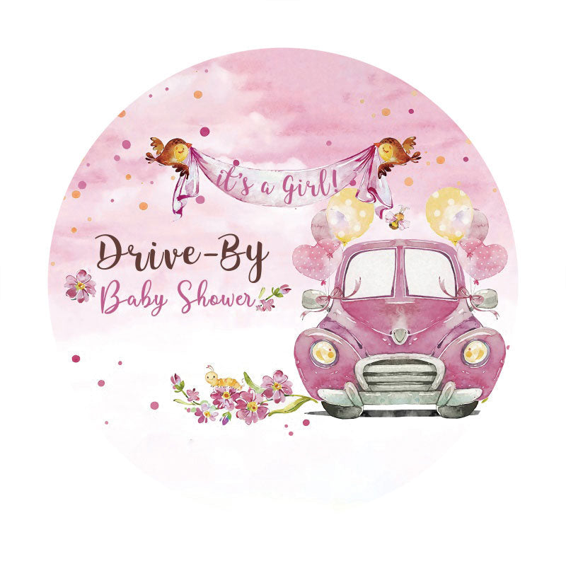 Aperturee - Pink Its A Girl Floral Round Baby Shower Backdrop