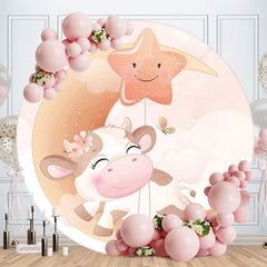 Aperturee - Pink Moon Star And Cow Round Baby Shower Backdrop