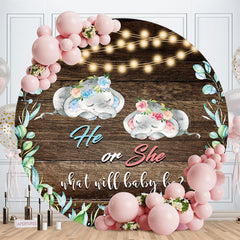 Aperturee - Pink Or Blue Elephant Round Wood Baby Shower Backdrop