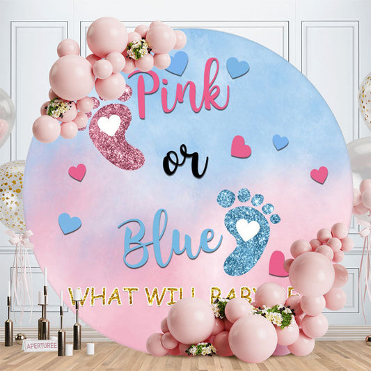 Aperturee - Pink Or Blue Glitter Footprint Round Baby Shower Backdrop