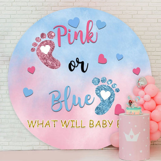 Aperturee - Pink Or Blue Glitter Footprint Round Baby Shower Backdrop