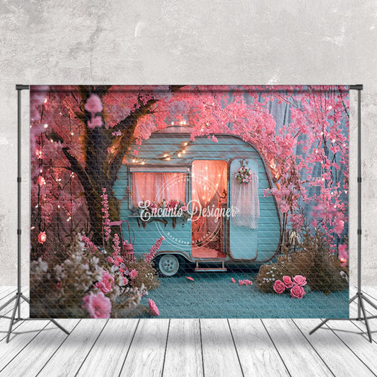 Aperturee - Pink Peach Flower Tree Light Blue RV Spring Backdrop