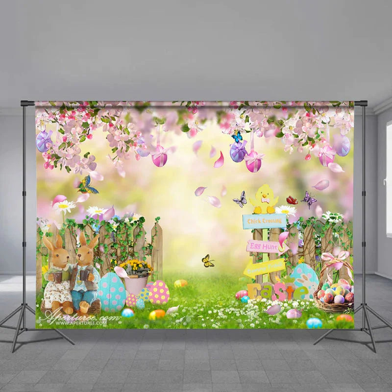 Aperturee - Pink Petals Rabbit Couple In Love Easter Backdrop