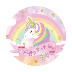 Aperturee - Pink Rainbow And Unicorn Round Happy Birthday Backdrop