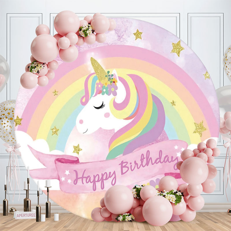 Aperturee - Pink Rainbow And Unicorn Round Happy Birthday Backdrop