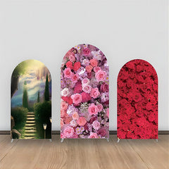 Aperturee - Pink Red Floral Green Tree Stair Arch Backdrop Kit