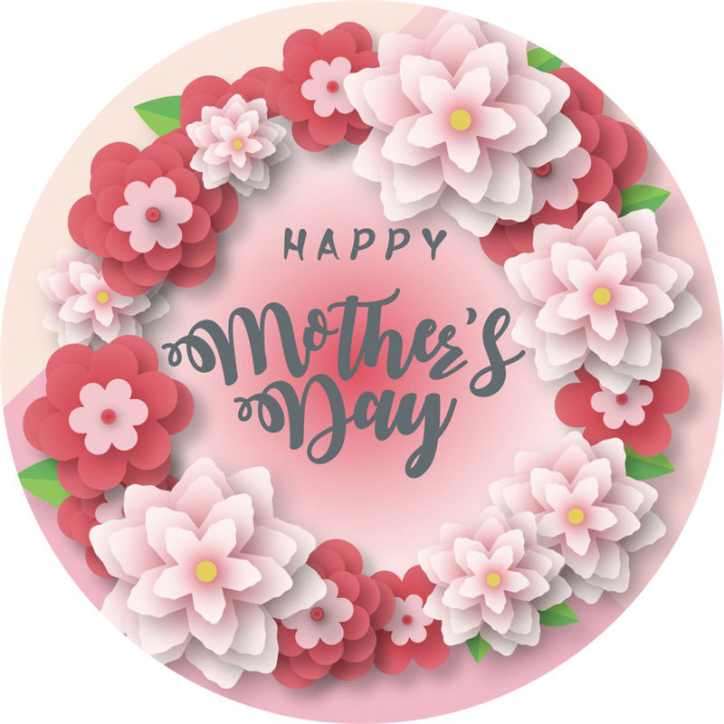 Aperturee - Pink Red Floral Round Happy Mothers Day Backdrop