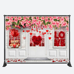 Aperturee - Pink Red Roses White Door Valentines Day Backdrop