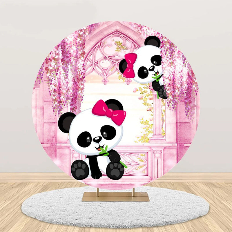 Aperturee - Pink Room Floral Panda Round Birthday Party Backdrop