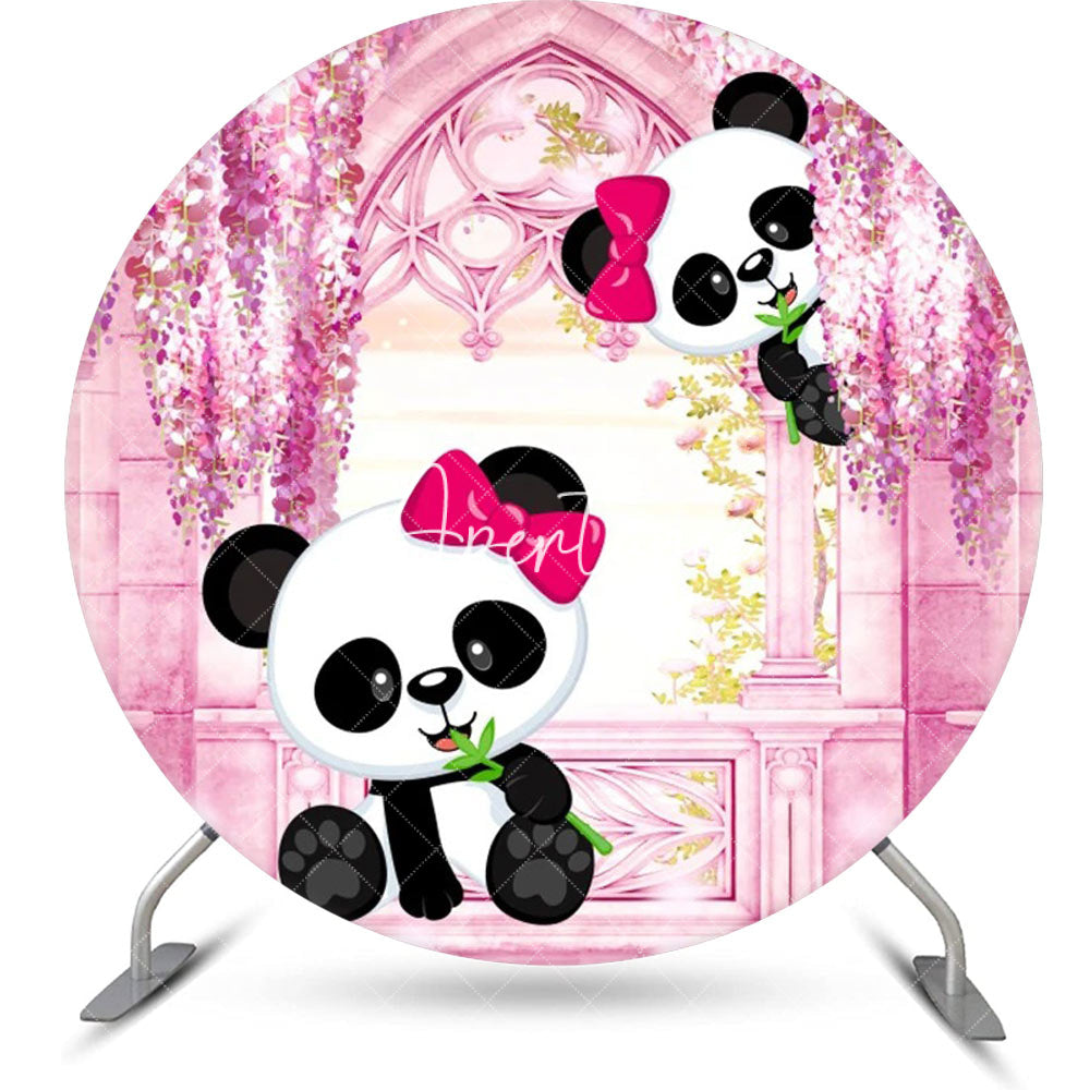 Aperturee - Pink Room Floral Panda Round Birthday Party Backdrop