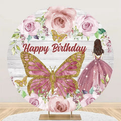 Aperturee - Pink Rose Butterfly Wooden Round Birthday Backdrop