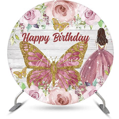 Aperturee - Pink Rose Butterfly Wooden Round Birthday Backdrop