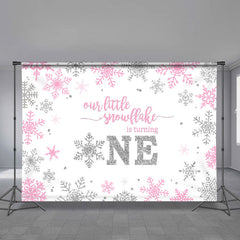 Aperturee - Pink Silver Snowflake Happy 1st Birthday Backdrop