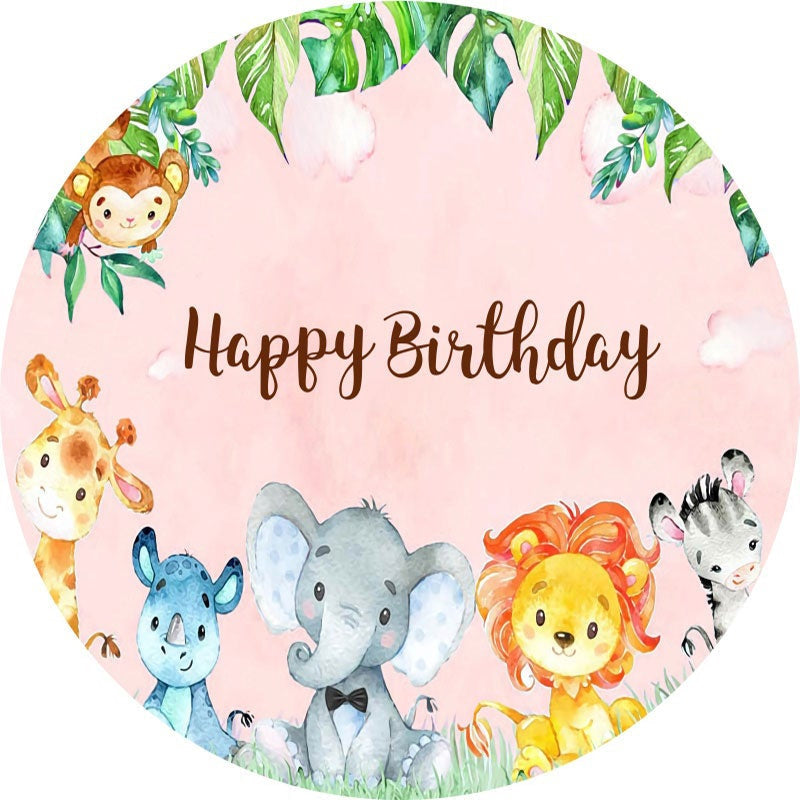 Aperturee - Pink Sky And Animals Round Backdrop For Birthday Party