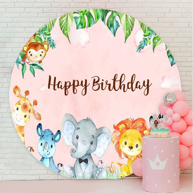 Aperturee - Pink Sky And Animals Round Backdrop For Birthday Party