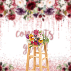 Aperturee - Pink Sparkling Floral White Graduation Photo Backdrop
