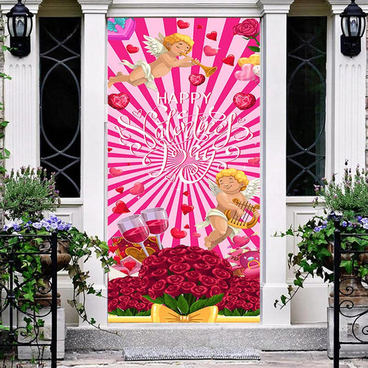 Aperturee - Pink Stripe Red Rose Angel Valentines Day Door Cover
