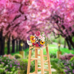 Aperturee - Pink Trees Path Floral Spring Backdrop For Photo