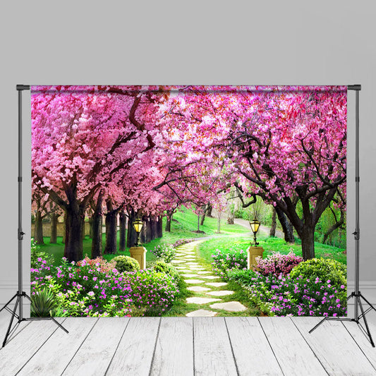 Aperturee - Pink Trees Path Floral Spring Backdrop For Photo