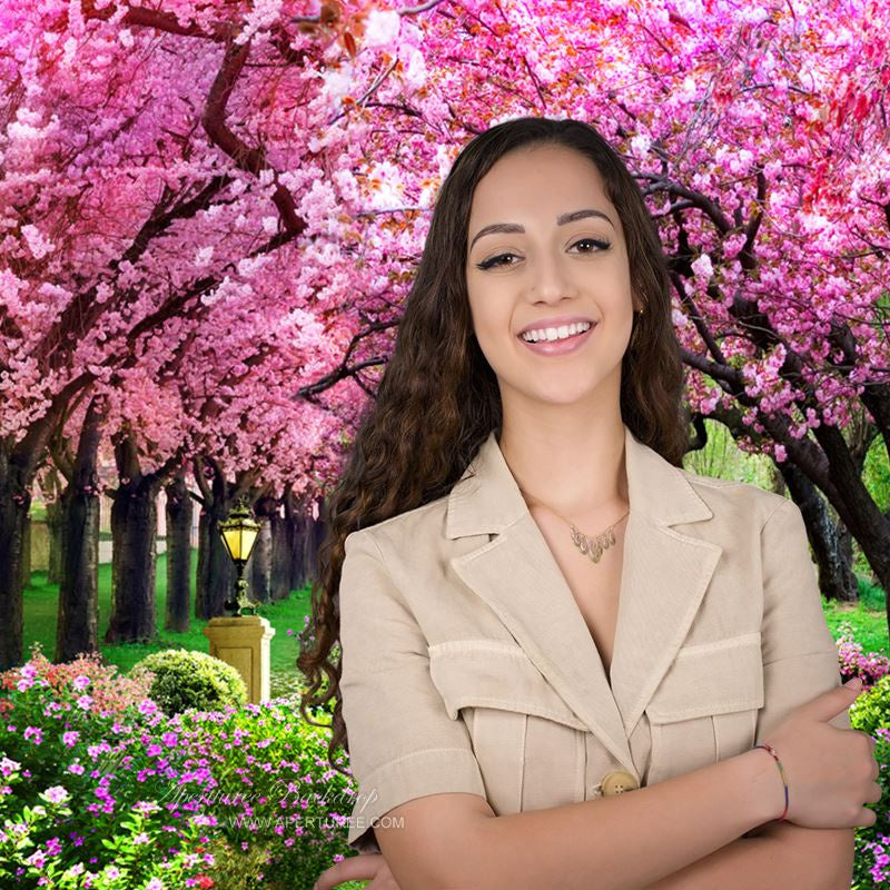 Aperturee - Pink Trees Path Floral Spring Backdrop For Photo