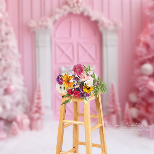 Aperturee - Pink Wall Christmas Tree Backdrop For Photography