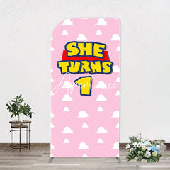 Aperturee - Pink White Cloud She Turns 1 Arch Birthday Backdrop