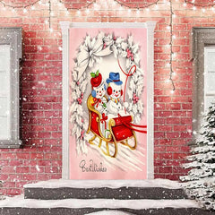 Aperturee - Pink White Cute Snowman Sled Christmas Door Cover