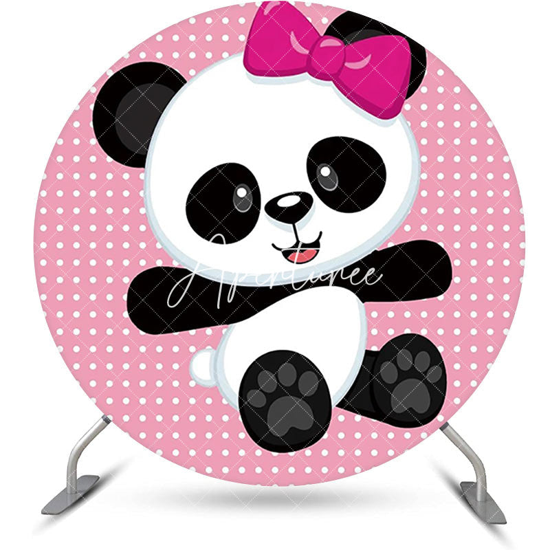 Aperturee - Pink White Dots Panda Round Baby Shower Backdrop