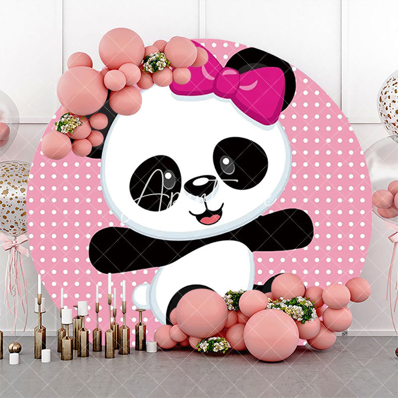 Aperturee - Pink White Dots Panda Round Baby Shower Backdrop