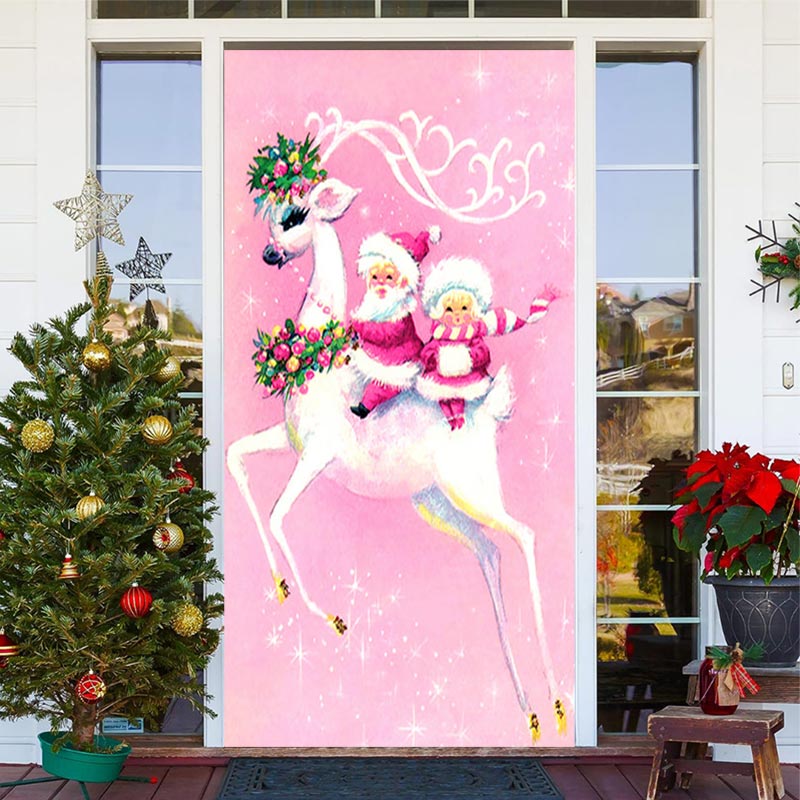 Aperturee - Pink White Elk Santa Claus Christmas Door Cover
