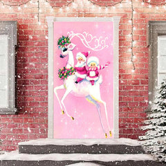 Aperturee - Pink White Elk Santa Claus Christmas Door Cover