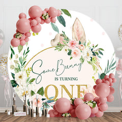 Aperturee - Pink White Floral Bunny Round 1st Birthday Backdrop