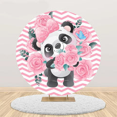 Aperturee - Pink White Ripple Rose Panda Round Birthday Backdrop