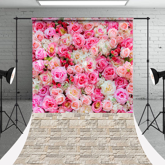 Aperturee - Pink White Rose Brick Floor Sweep Photo Backdrop