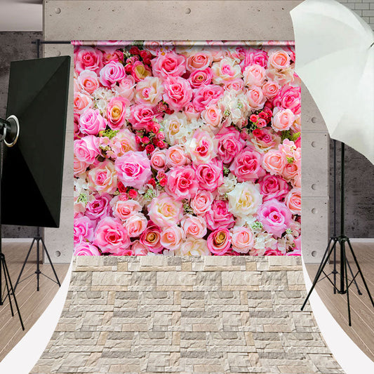 Aperturee - Pink White Rose Brick Floor Sweep Photo Backdrop