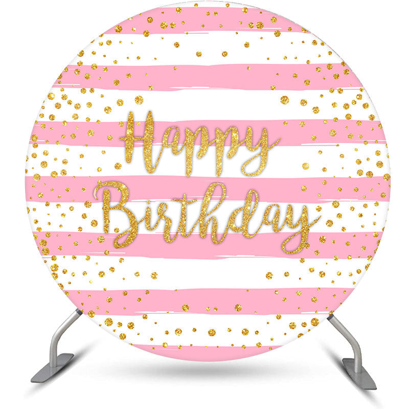 Aperturee - Pink White Stripe Gold Dots Round Birthday Backdrop