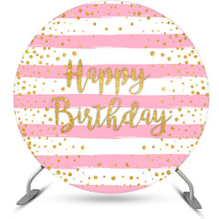 Aperturee - Pink White Stripe Gold Dots Round Birthday Backdrop