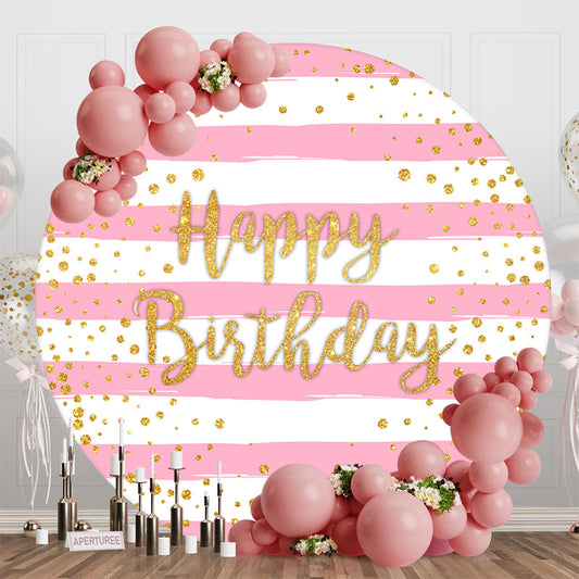 Aperturee - Pink White Stripe Gold Dots Round Birthday Backdrop