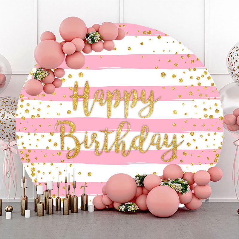 Aperturee - Pink White Stripe Gold Dots Round Birthday Backdrop