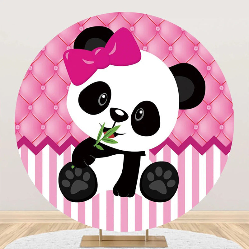 Aperturee - Pink White Stripe Panda Round Baby Shower Backdrop