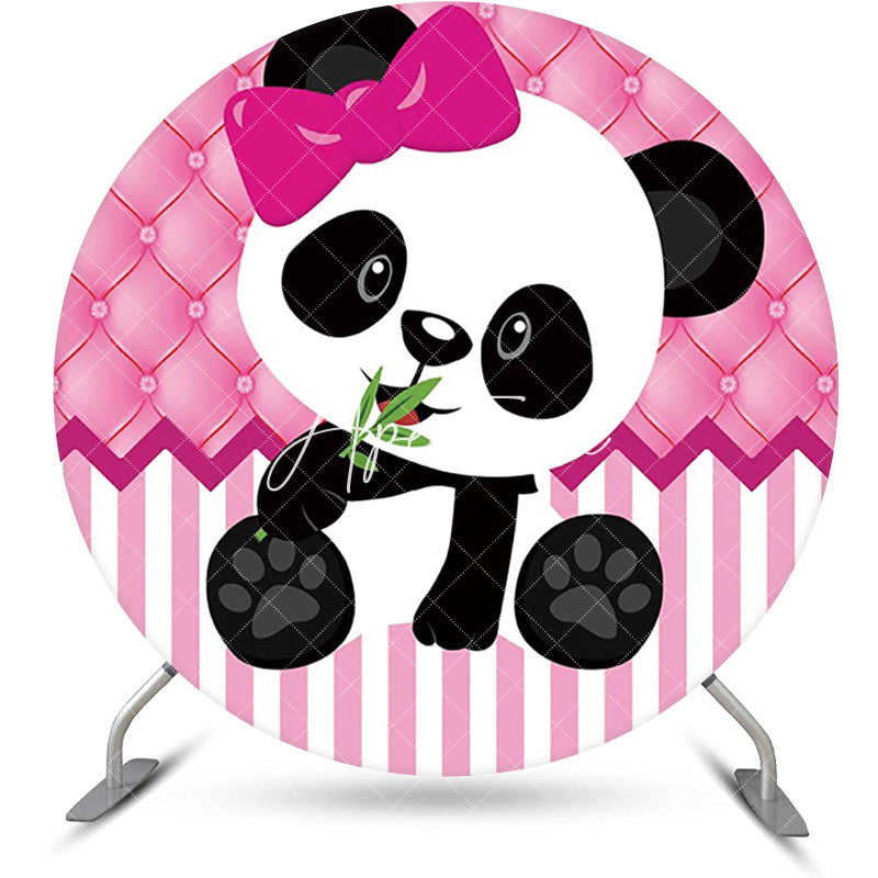 Aperturee - Pink White Stripe Panda Round Baby Shower Backdrop