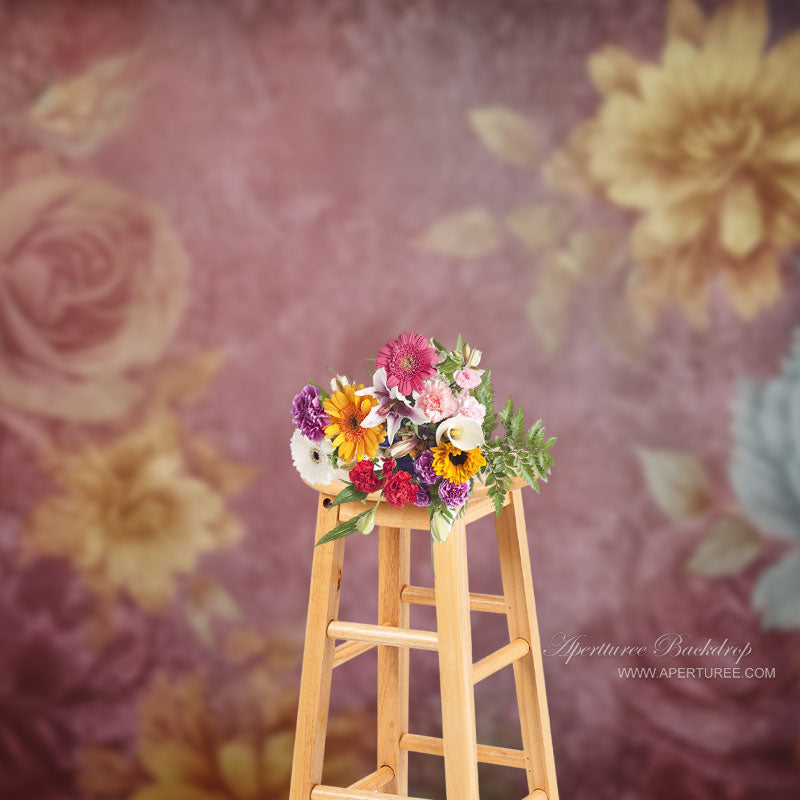 Aperturee - Pink Yellow Floral Dusty Blue Abstract Photo Backdrop